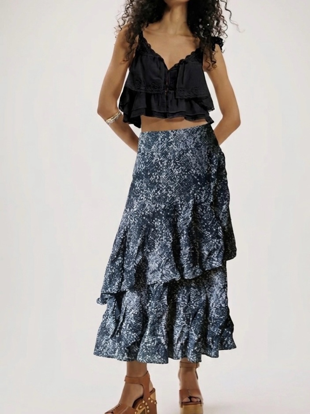 Free People Navy Blue Printed Tiered Maxi Skirt